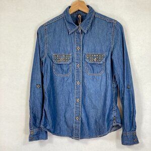 7 Denim Roll Tab Sleeve Studded Button Down Shirt Western Cowgirl S